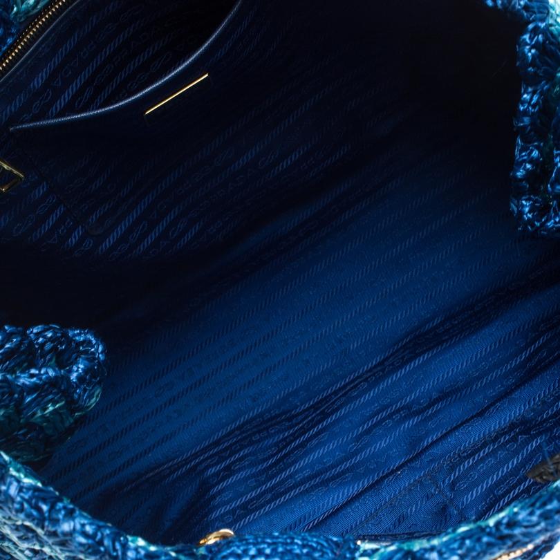 Prada Blue/Turquoise Raffia Crochette Shopper Tote 3