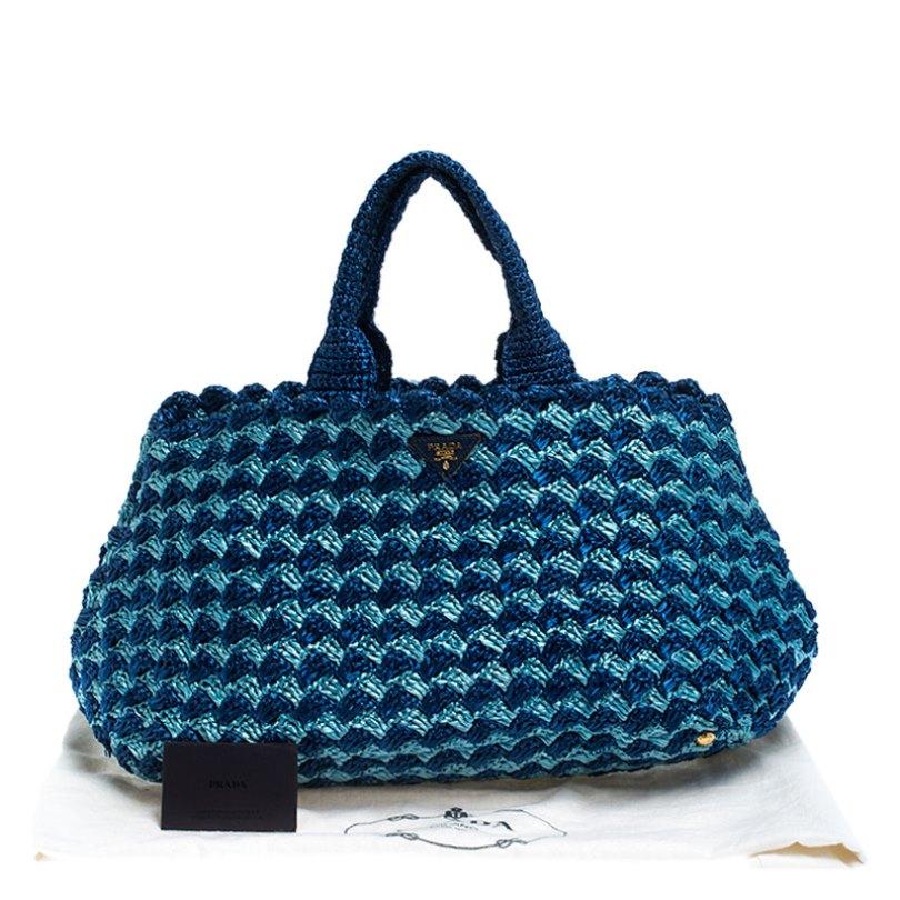 Prada Blue/Turquoise Raffia Crochette Shopper Tote 4