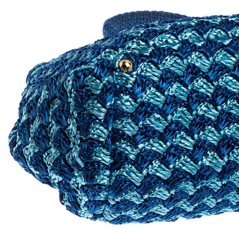 Prada Blue/Turquoise Raffia Crochette Shopper Tote In Excellent Condition In Dubai, Al Qouz 2