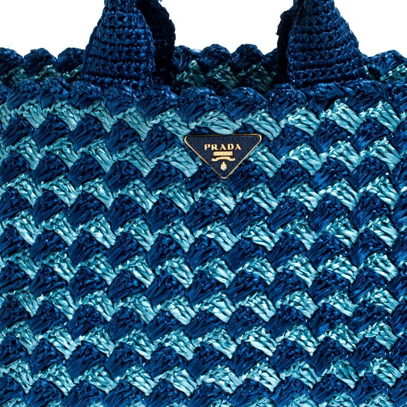 Prada Blue/Turquoise Raffia Crochette Shopper Tote 2