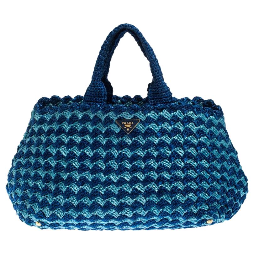 Prada Blue/Turquoise Raffia Crochette Shopper Tote