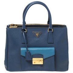 Prada Blue Two Tone Saffiano Lux Leather Front Pocket Double Zip Tote