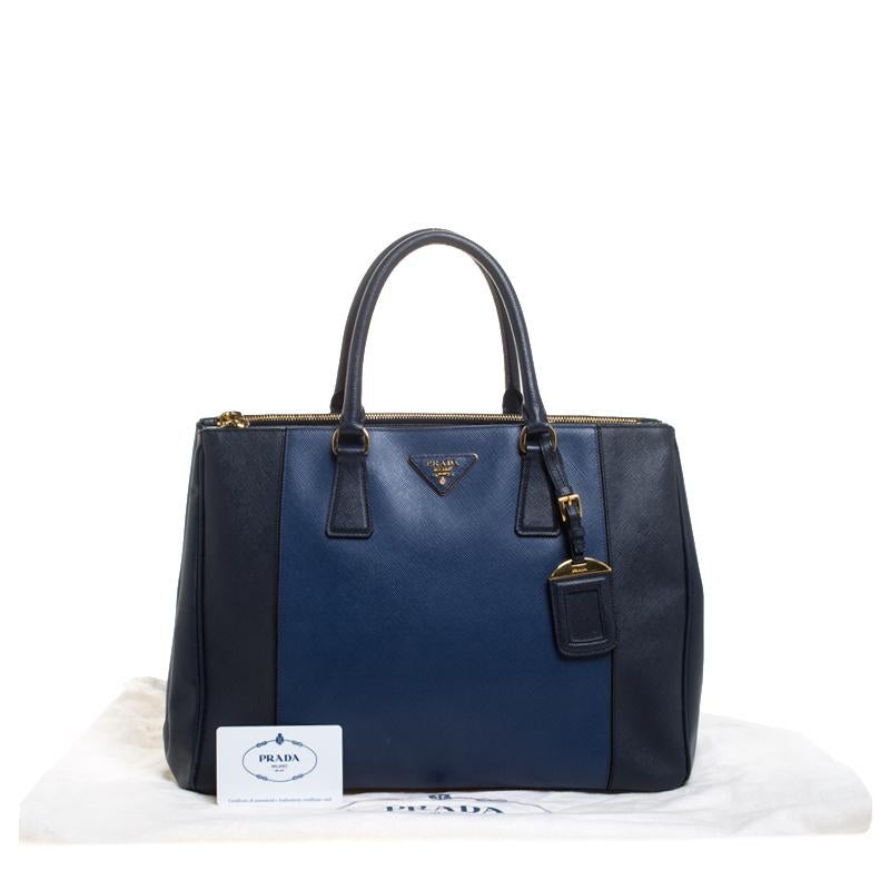 Prada Blue Two-Tone Saffiano Lux Leather Large Double Zip Tote 6