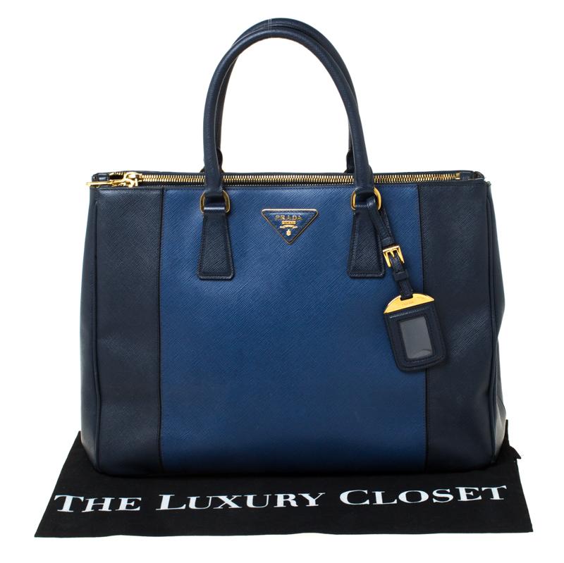 Prada Blue Two-Tone Saffiano Lux Leather Large Double Zip Tote 9