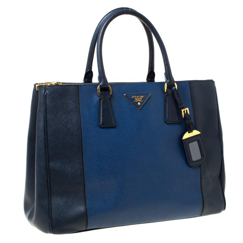 Prada Blue Two-Tone Saffiano Lux Leather Large Double Zip Tote For Sale ...