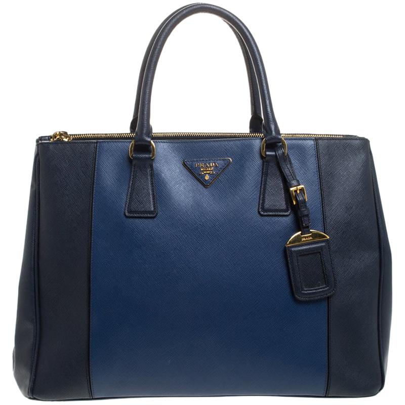 Prada Blue Two-Tone Saffiano Lux Leather Large Double Zip Tote