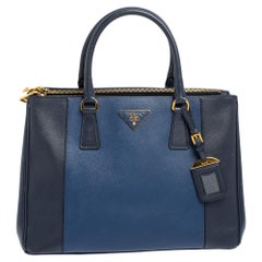 Prada Blue Two Tone Saffiano Lux Leather Medium Double Zip Tote