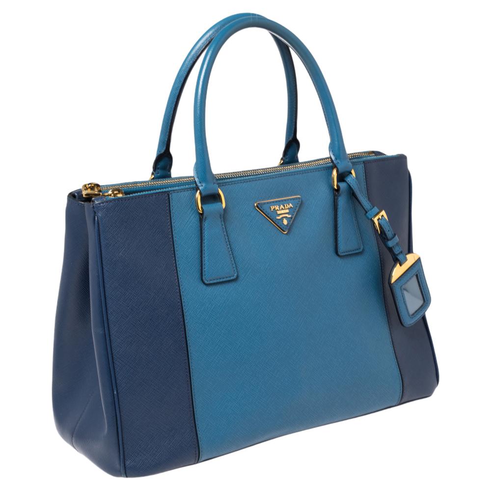 Women's Prada Blue Two Tone Saffiano Lux Leather Medium Galleria Tote