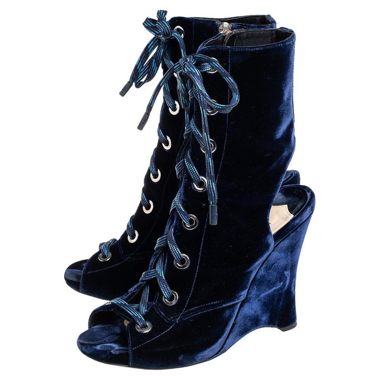 Elegant Edge: Blue Lace-Up Heeled Boots by Prada