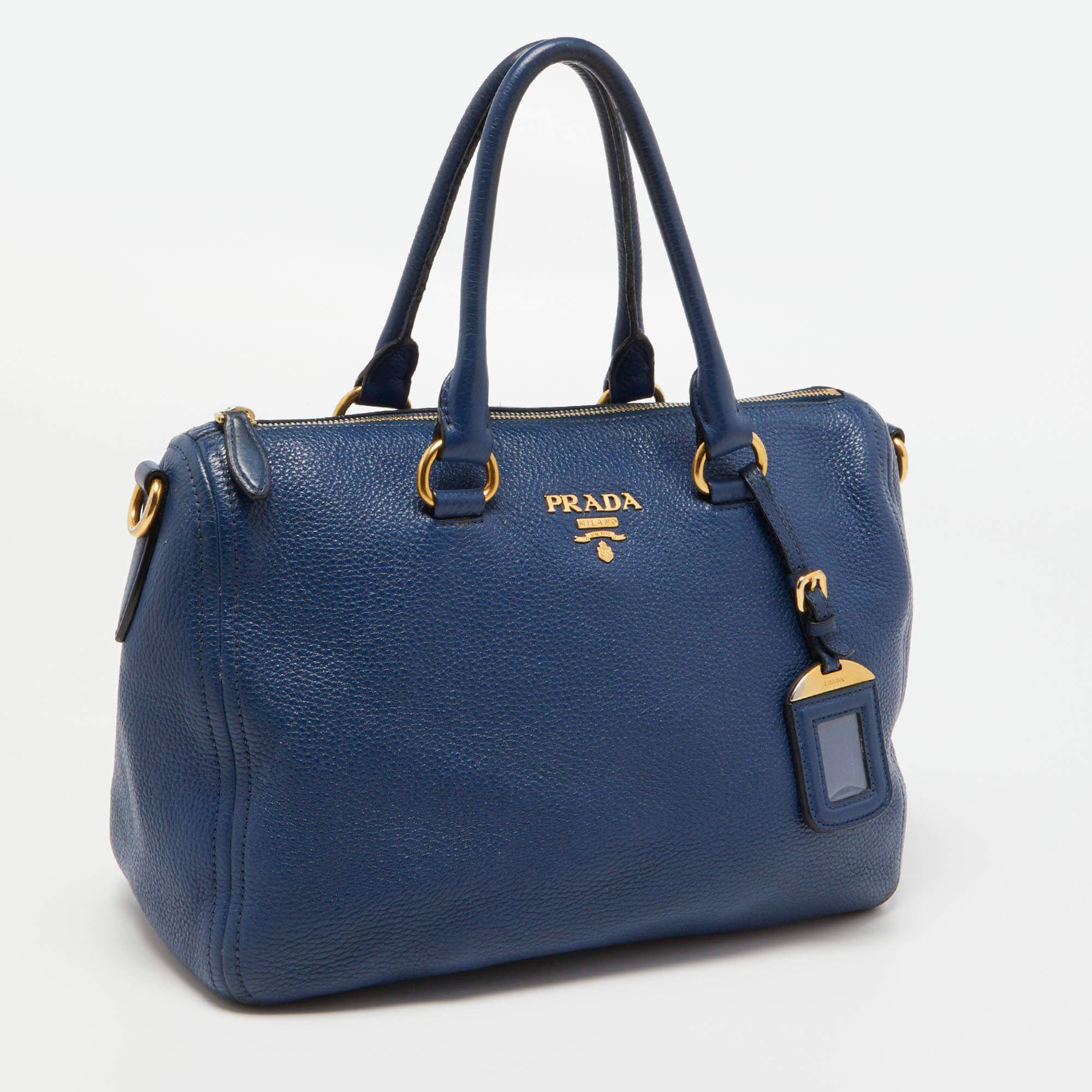Prada Blue Vitello Daino Leather Boston Bag In Good Condition In Dubai, Al Qouz 2