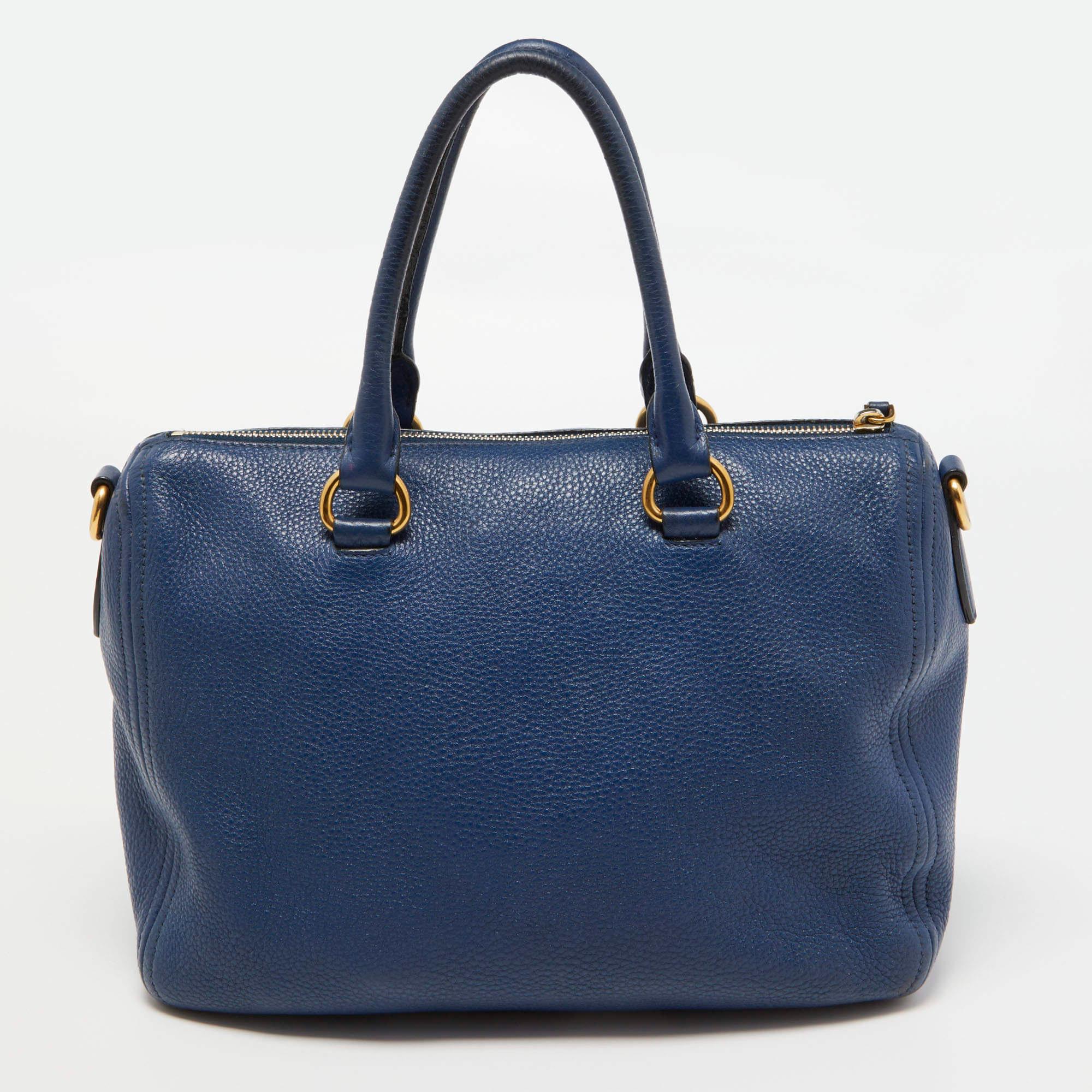 Prada Blue Vitello Daino Leather Boston Bag 2