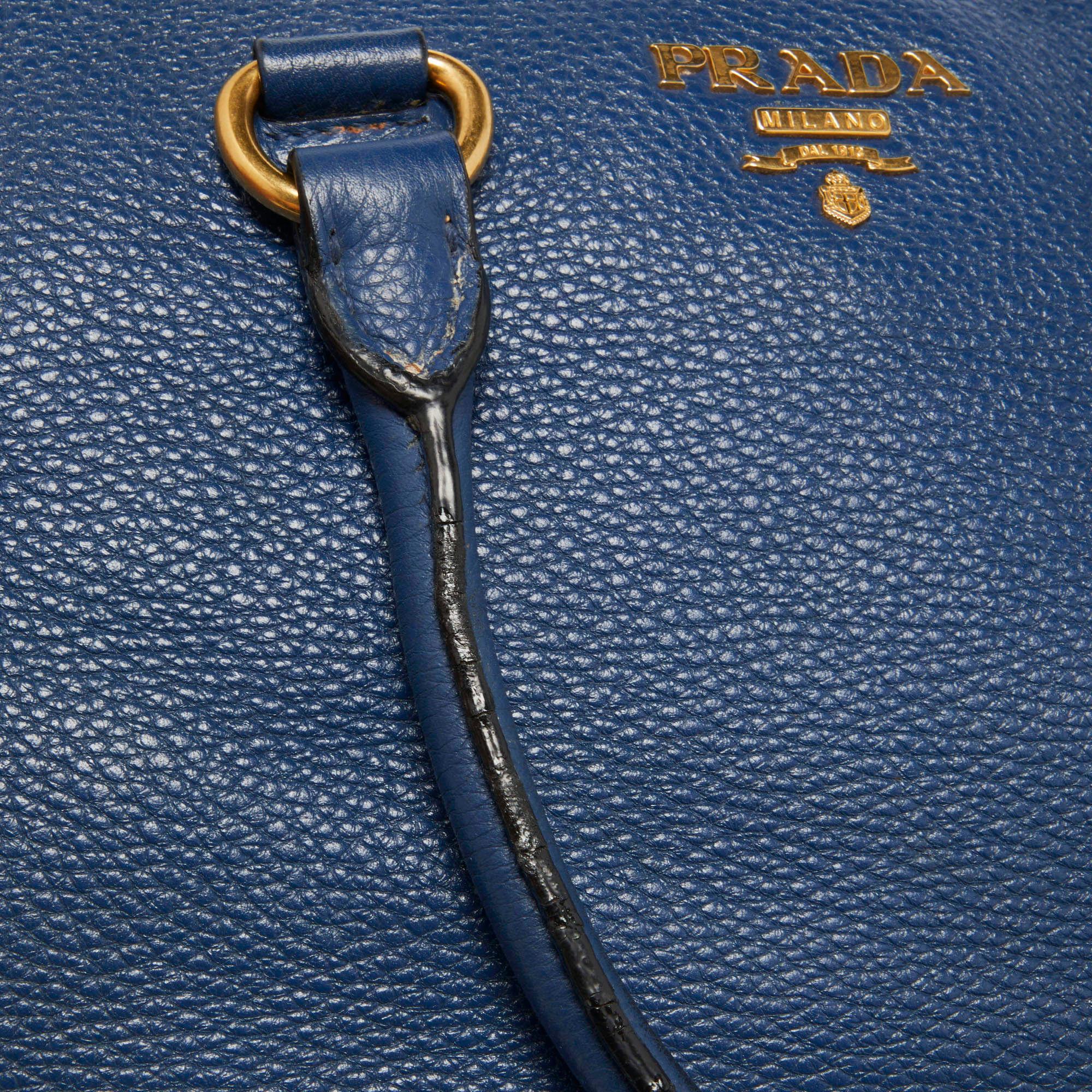 Prada Blue Vitello Daino Leather Boston Bag 3