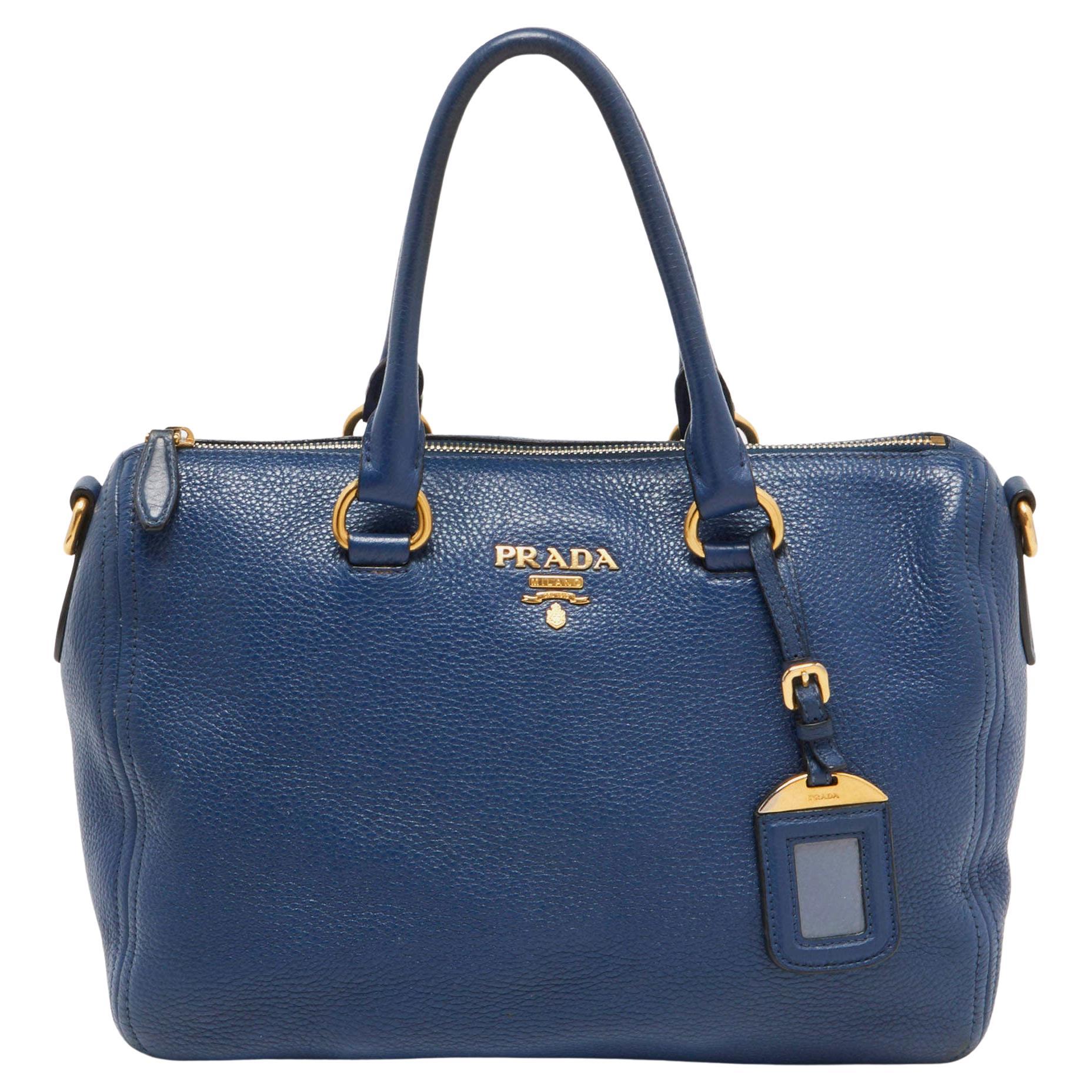 Prada Blue Vitello Daino Leather Boston Bag