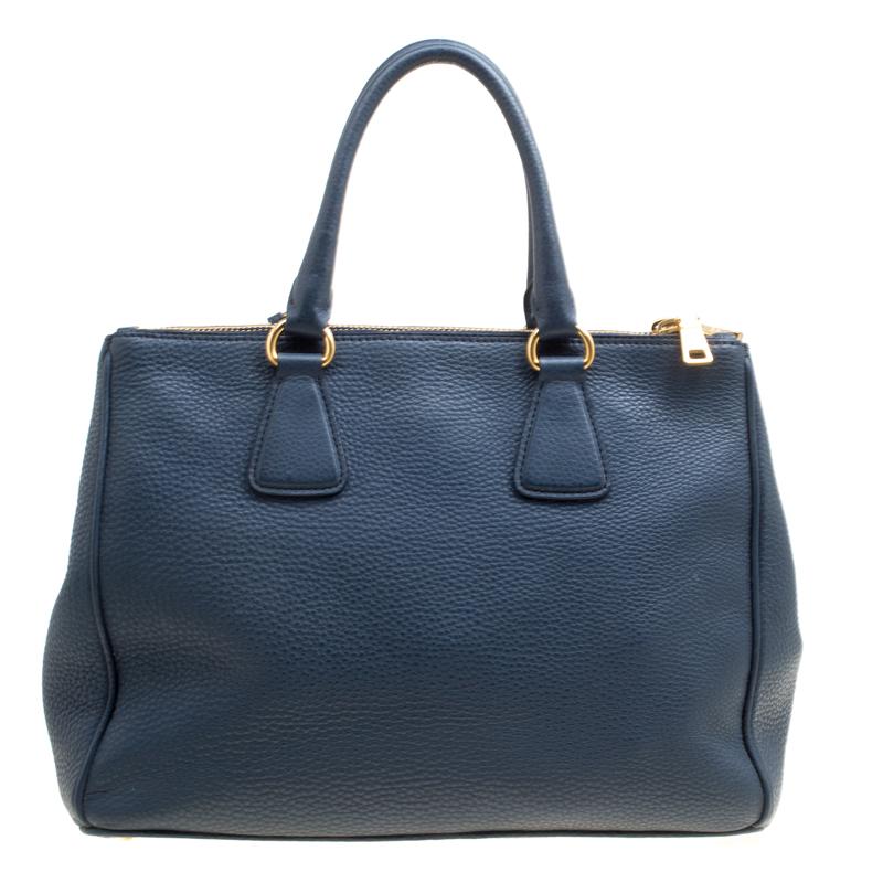 Prada Blue Vitello Daino Leather Double Zip Top Handle Bag