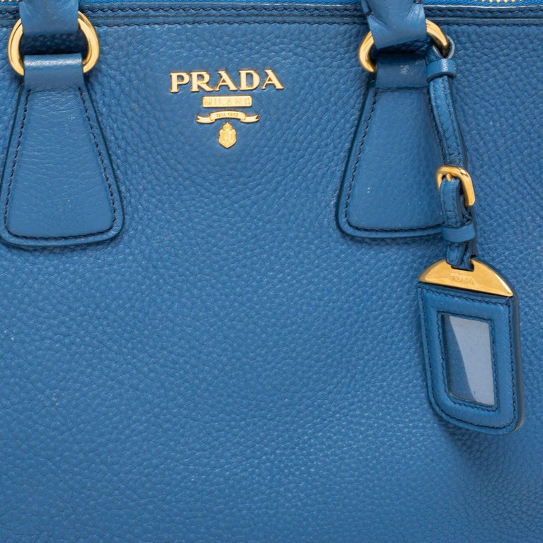 Prada Blue Vitello Daino Leather Double Zip Tote For Sale at 1stDibs