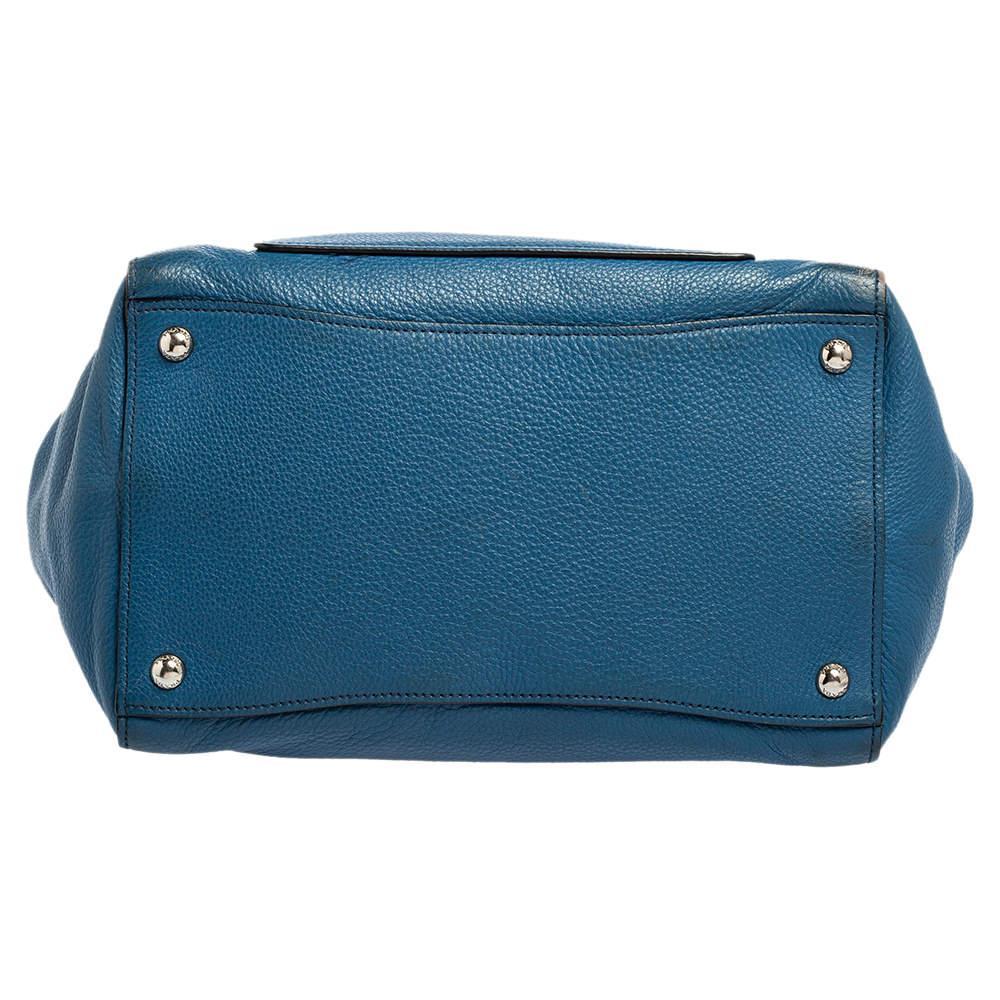 Prada Blue Vitello Daino Leather Front Pocket Wing Tote For Sale 1