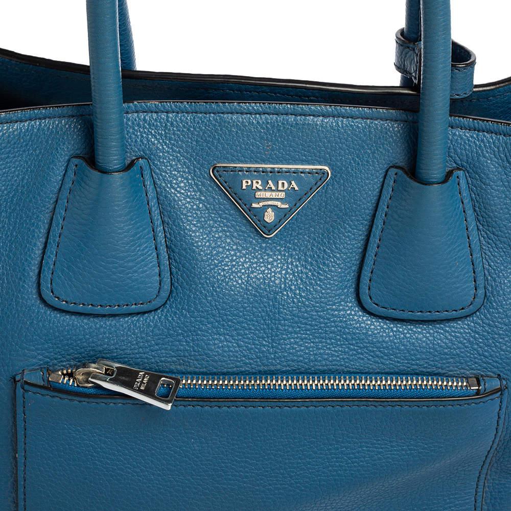 Prada Blue Vitello Daino Leather Front Pocket Wing Tote For Sale 3