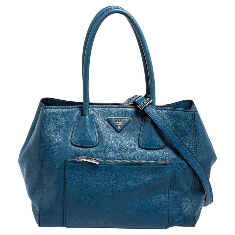 Prada Blue Vitello Daino Leather Front Pocket Wing Tote For Sale at 1stDibs