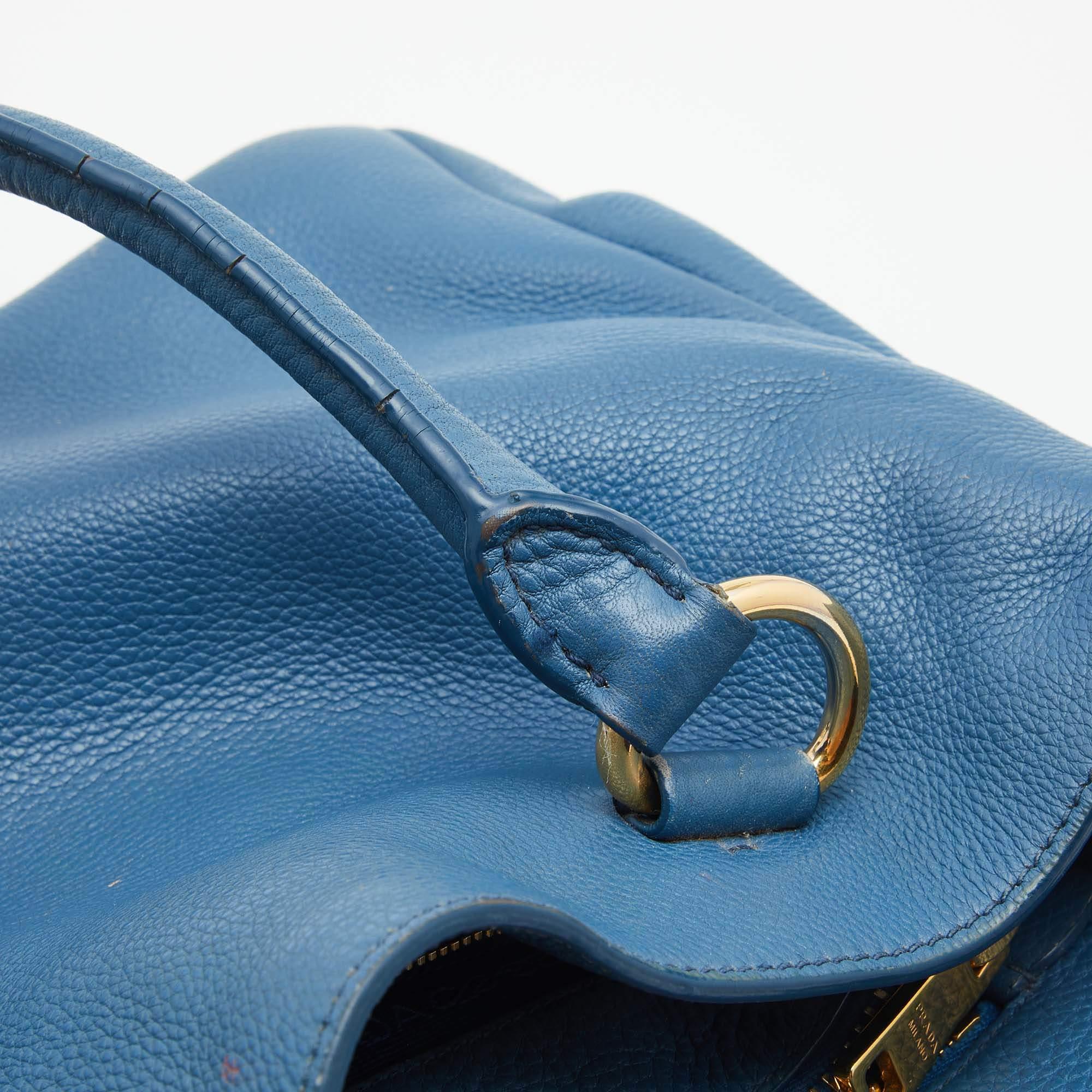 Prada Blue Vitello Daino Leather Medium Tote 9