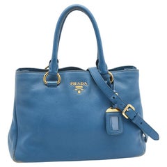 Prada Blue Vitello Daino Leather Medium Tote