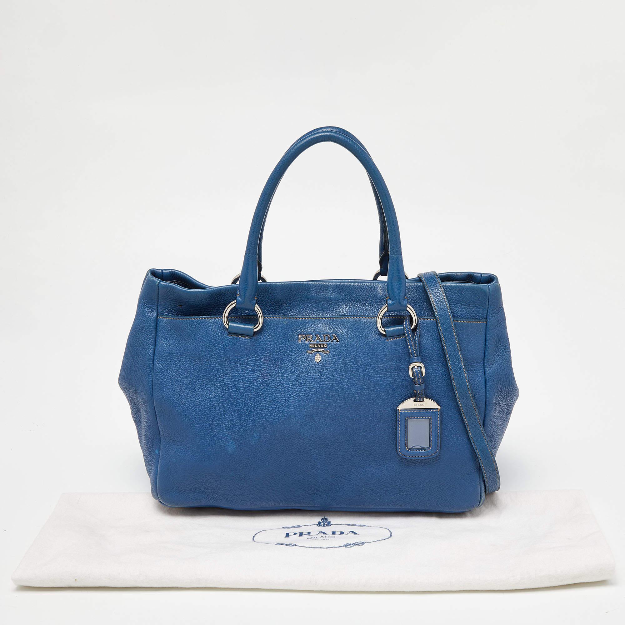 Prada Blue Vitello Daino Leather Tote For Sale 6