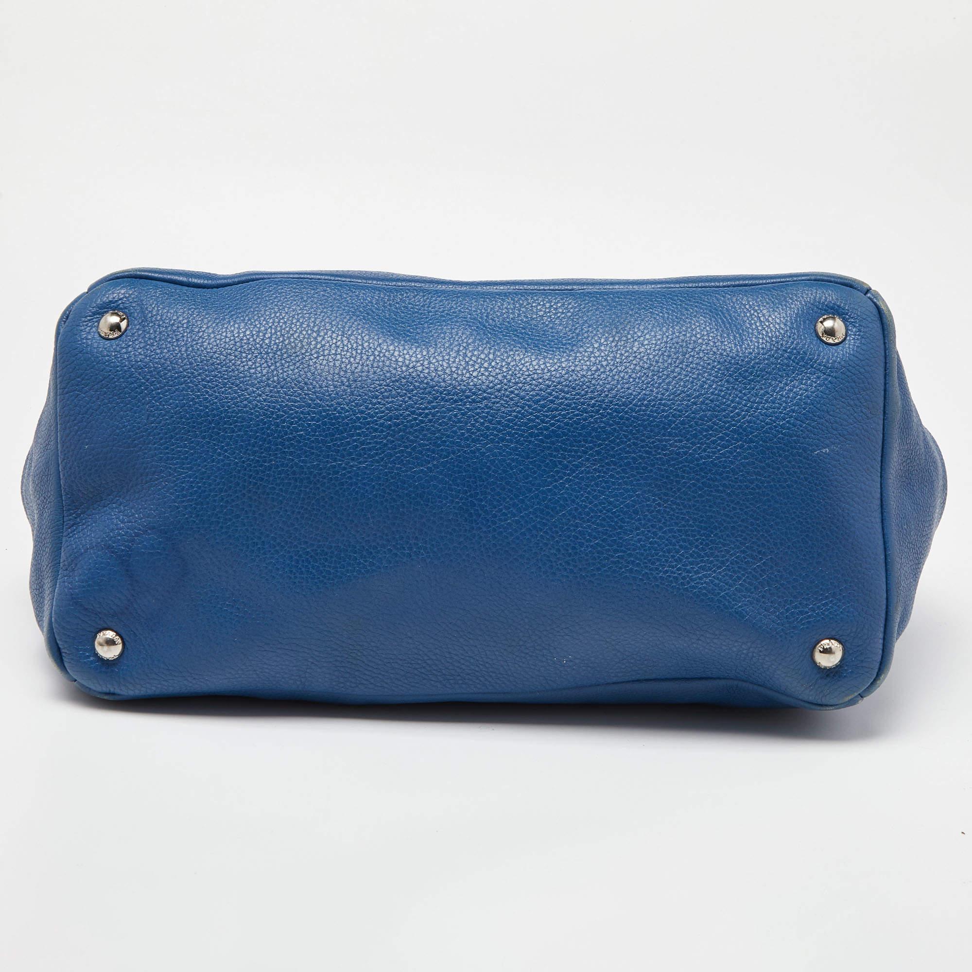 Prada Blue Vitello Daino Leather Tote For Sale 7