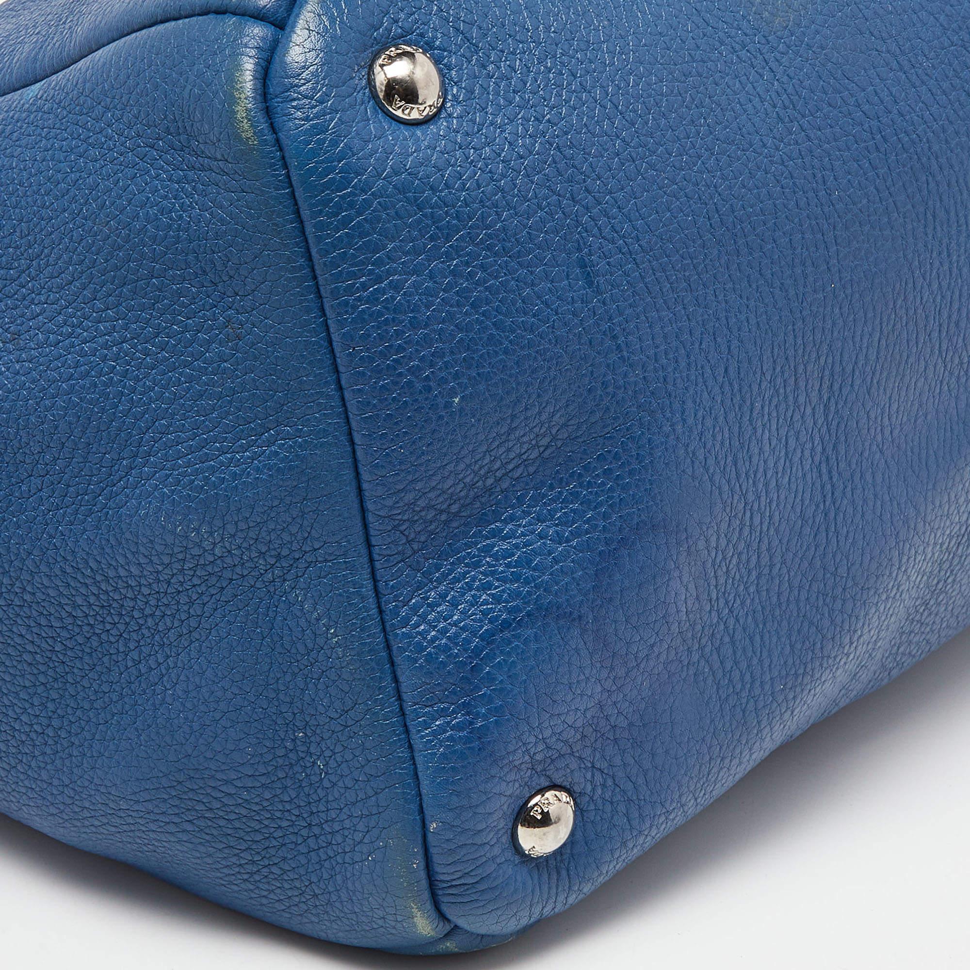 Prada Blue Vitello Daino Leather Tote For Sale 1