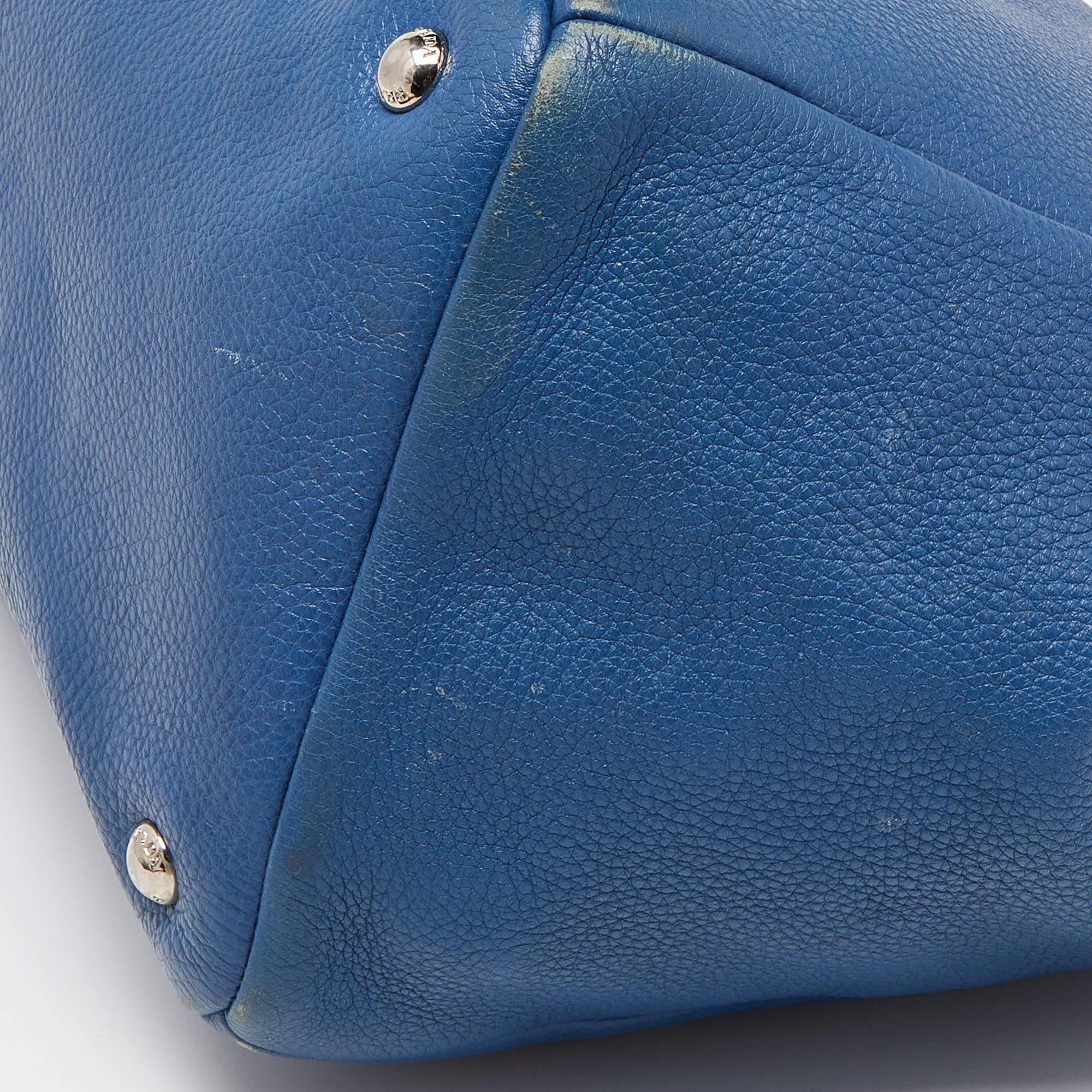 Prada Blue Vitello Daino Leather Tote For Sale 2