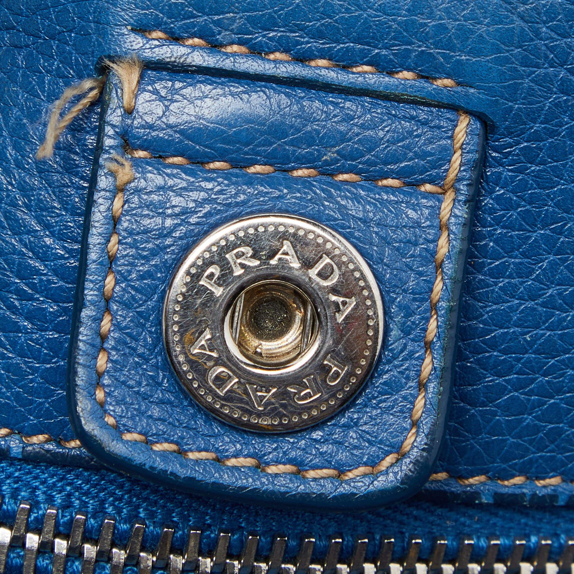 Prada Blue Vitello Daino Leather Tote For Sale 4