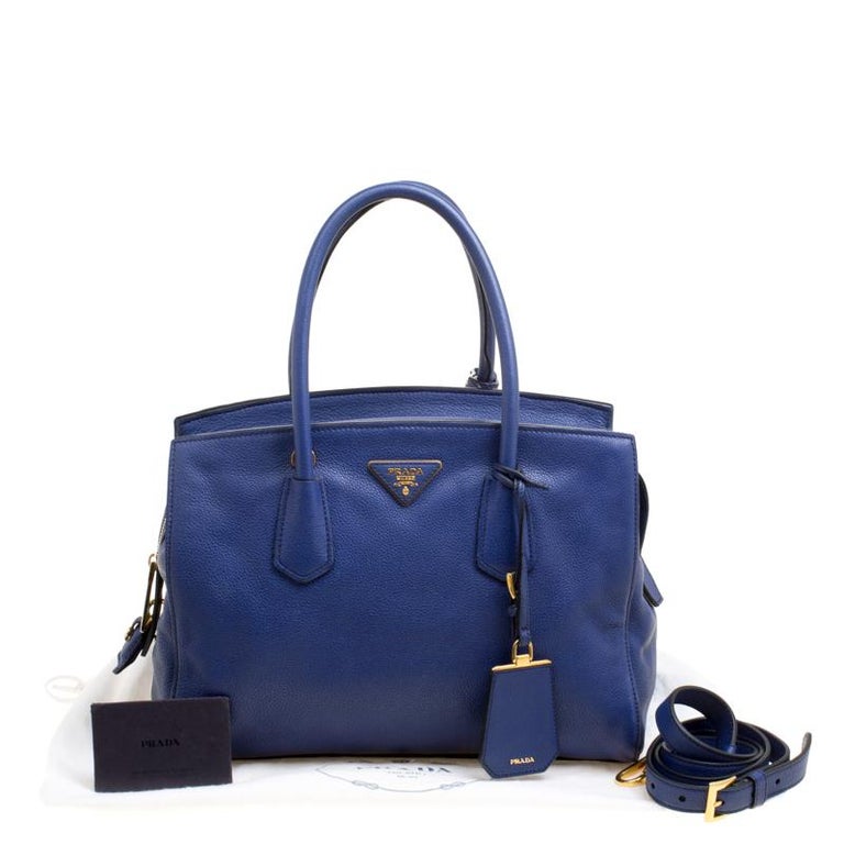 Prada Blue Vitello Grain Leather Two Way Top Handle Bag For Sale at 1stDibs
