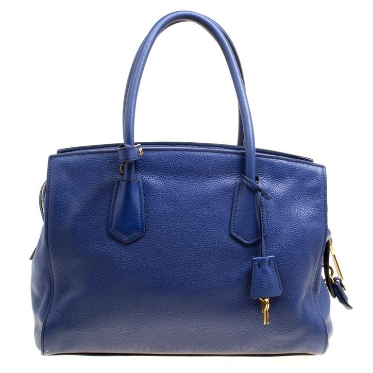 Prada Blue Vitello Grain Leather Two Way Top Handle Bag For Sale at 1stDibs