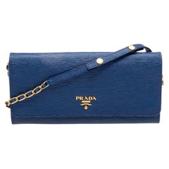 Prada Blue Vitello Move Leather Wallet on Chain