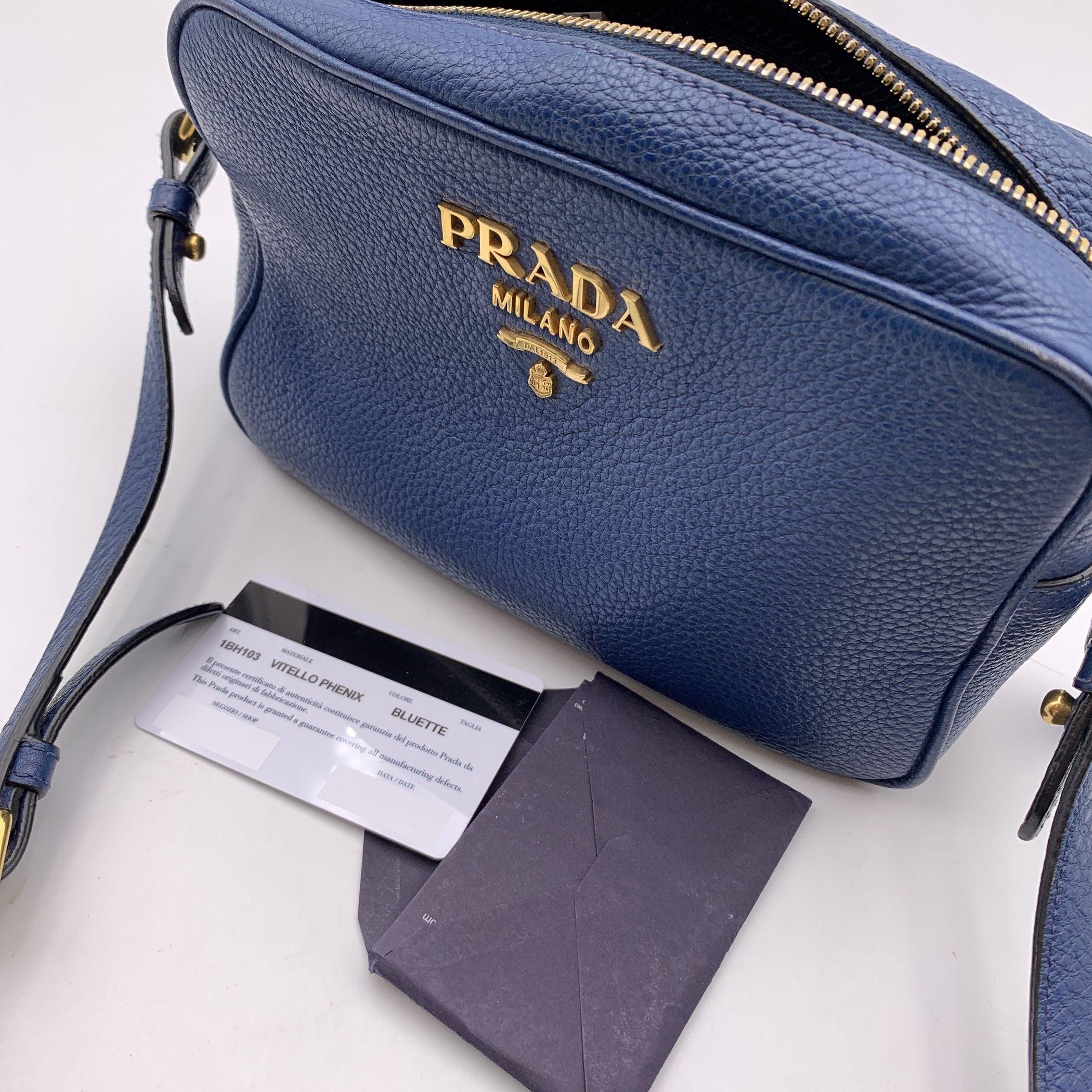 Women's or Men's Prada Blue Vitello Phenix Leather Crossbody Messenger Camera Bag For Sale