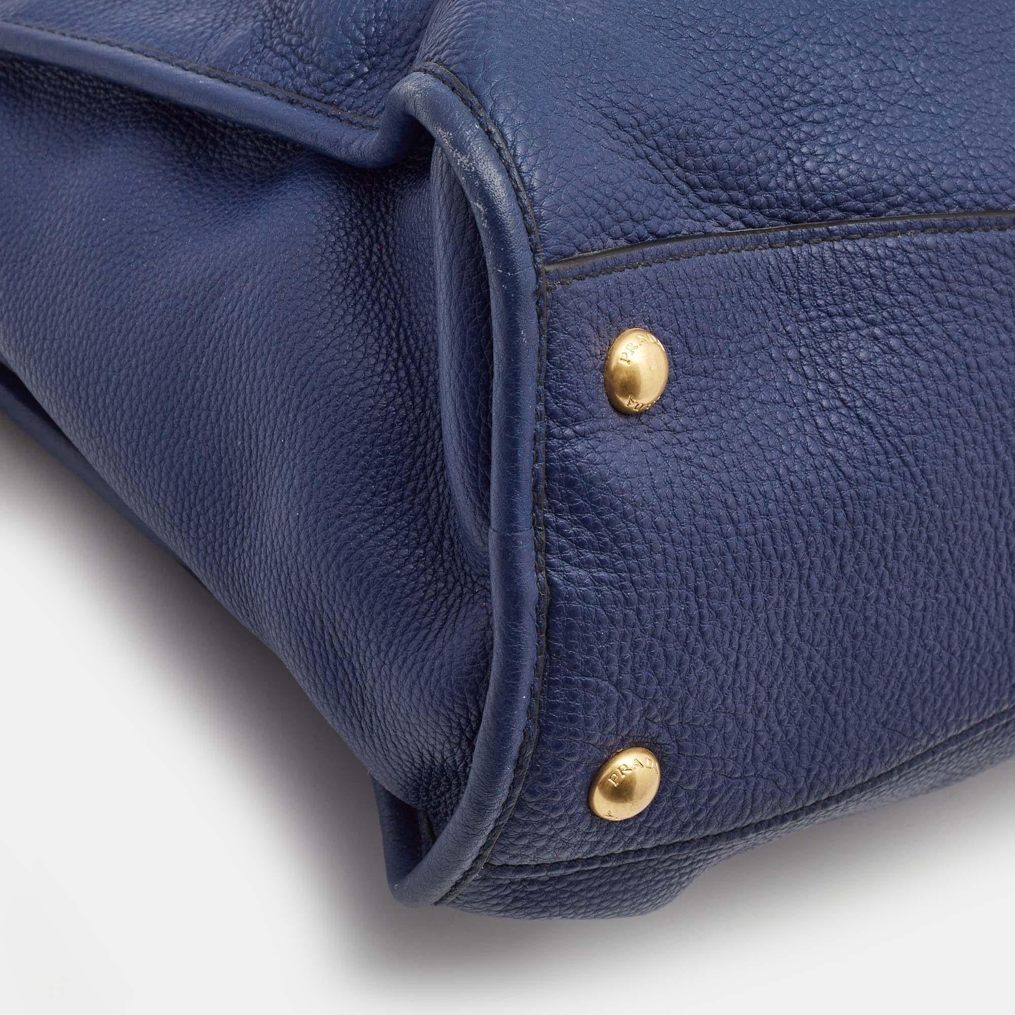 Prada Blue Vitello Phenix Leather Front Zip Satchel 6