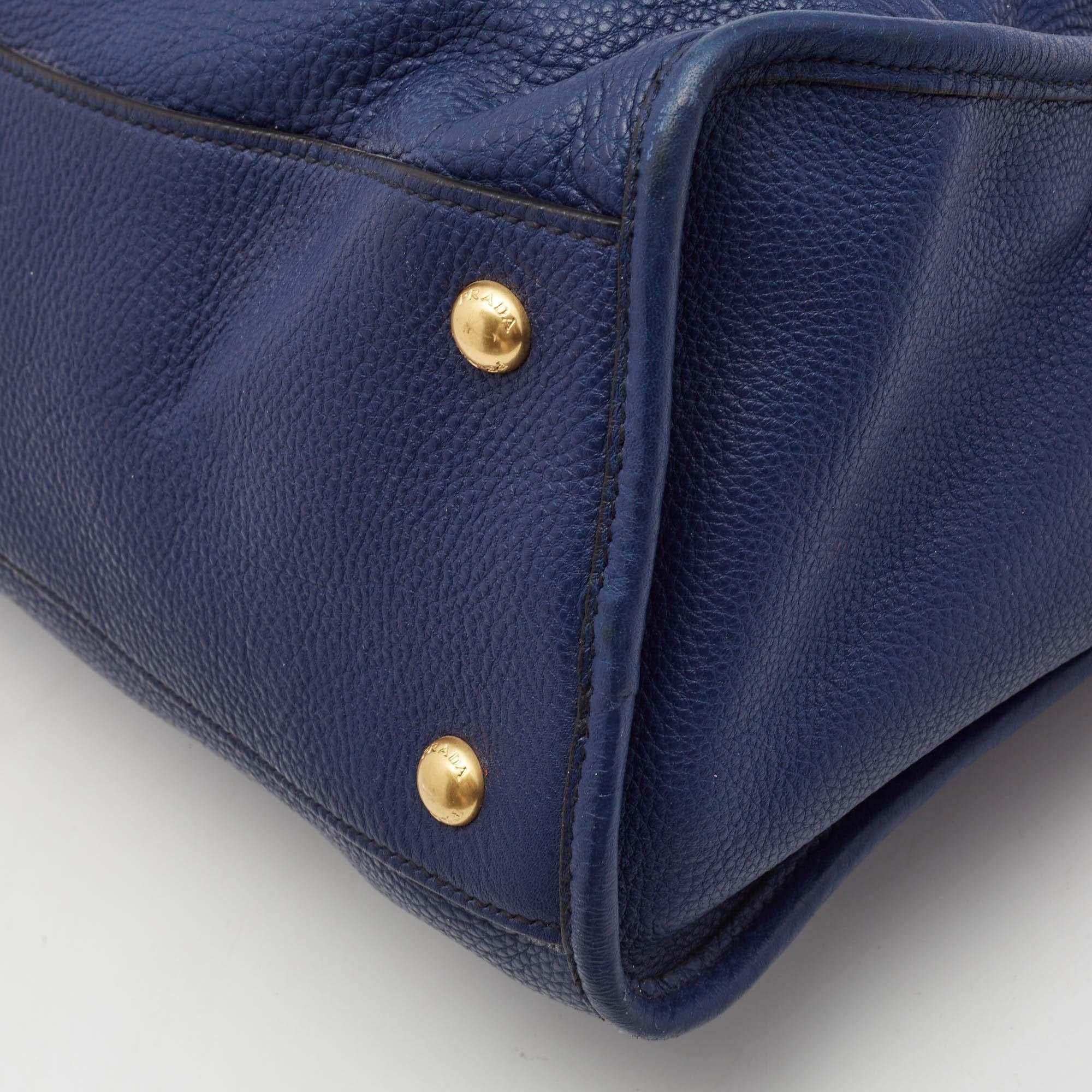 Prada Blue Vitello Phenix Leather Front Zip Satchel 7