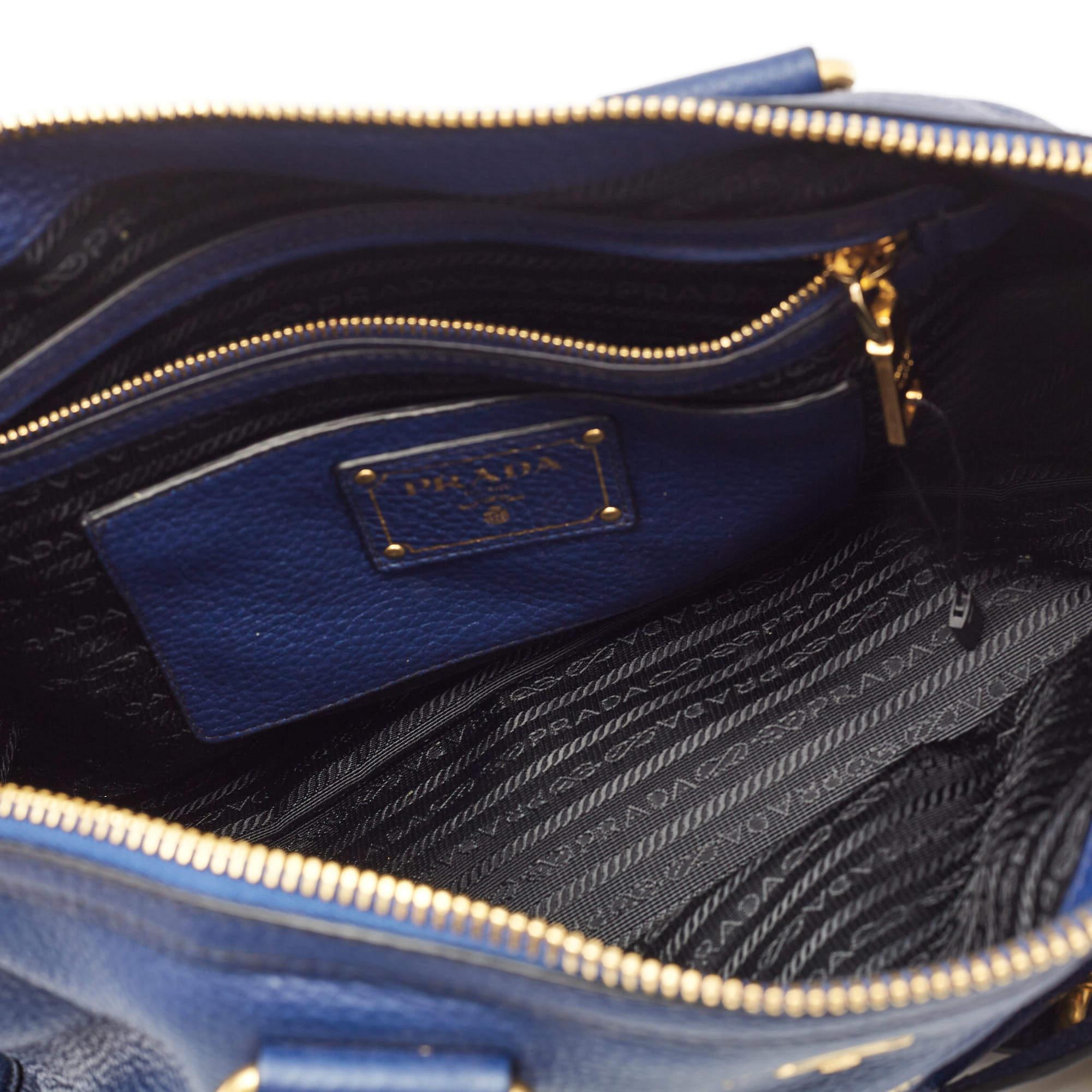 Prada Blue Vitello Phenix Leather Front Zip Satchel 5