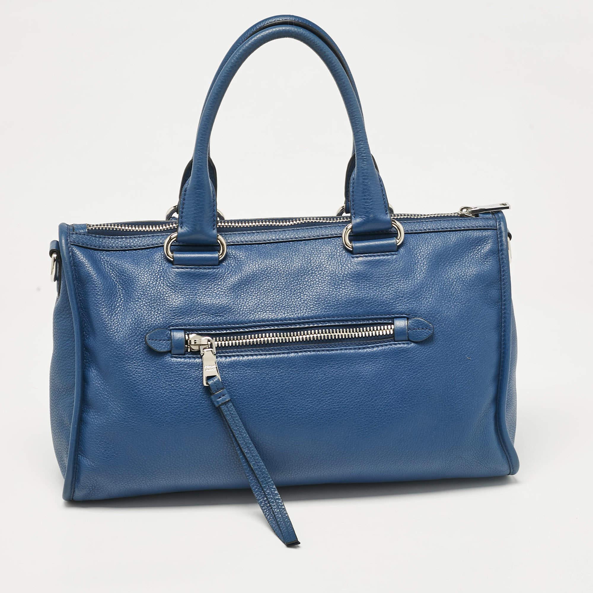 Women's Prada Blue Vitello Phenix Leather Zip Satchel