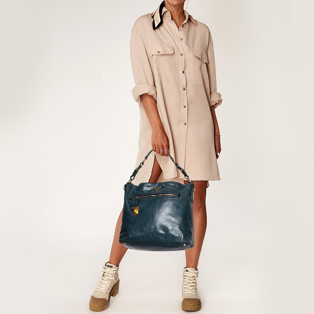 Black Prada Blue Vitello Shine Leather Tote