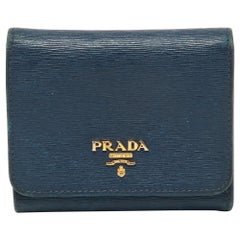 Prada Blue Vittello Move Leather Trifold Wallet Used Prada Blue Vittello Move Leather Trifold Wallet