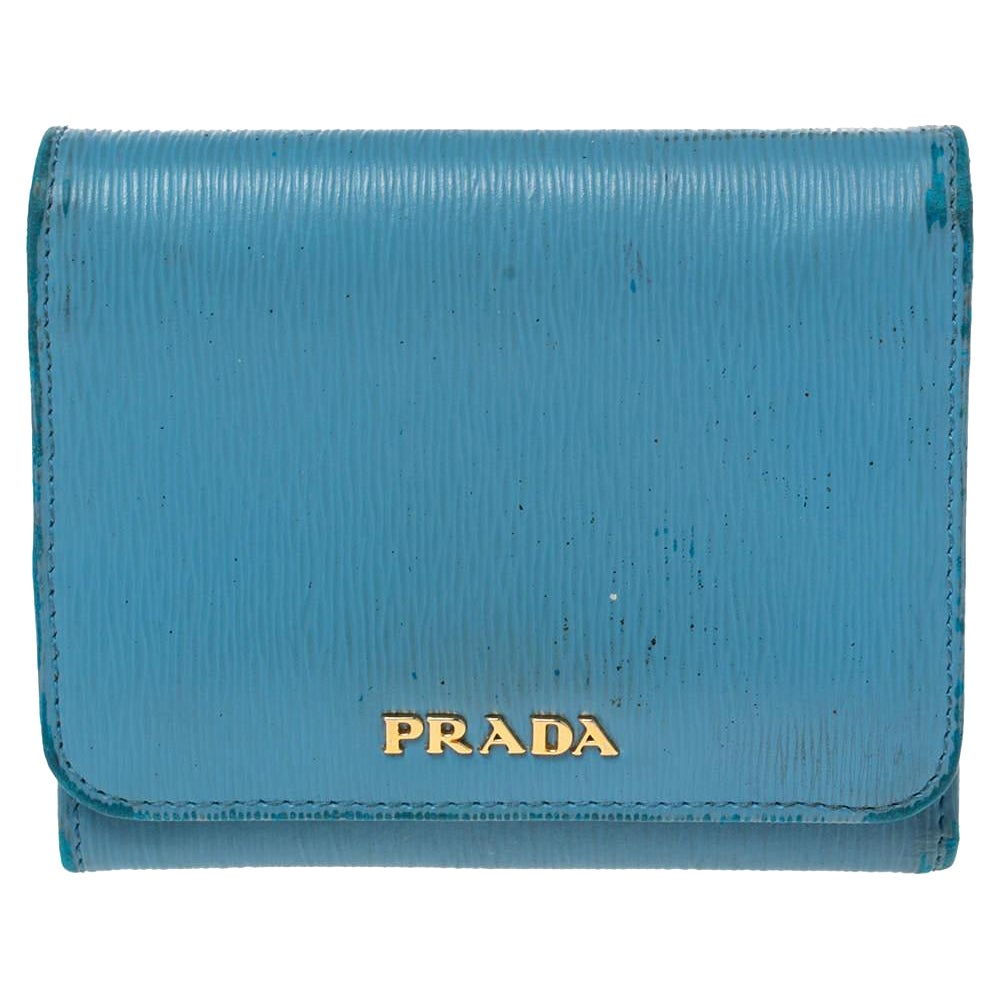 Prada Blue Vittello Move Leather Trifold Wallet