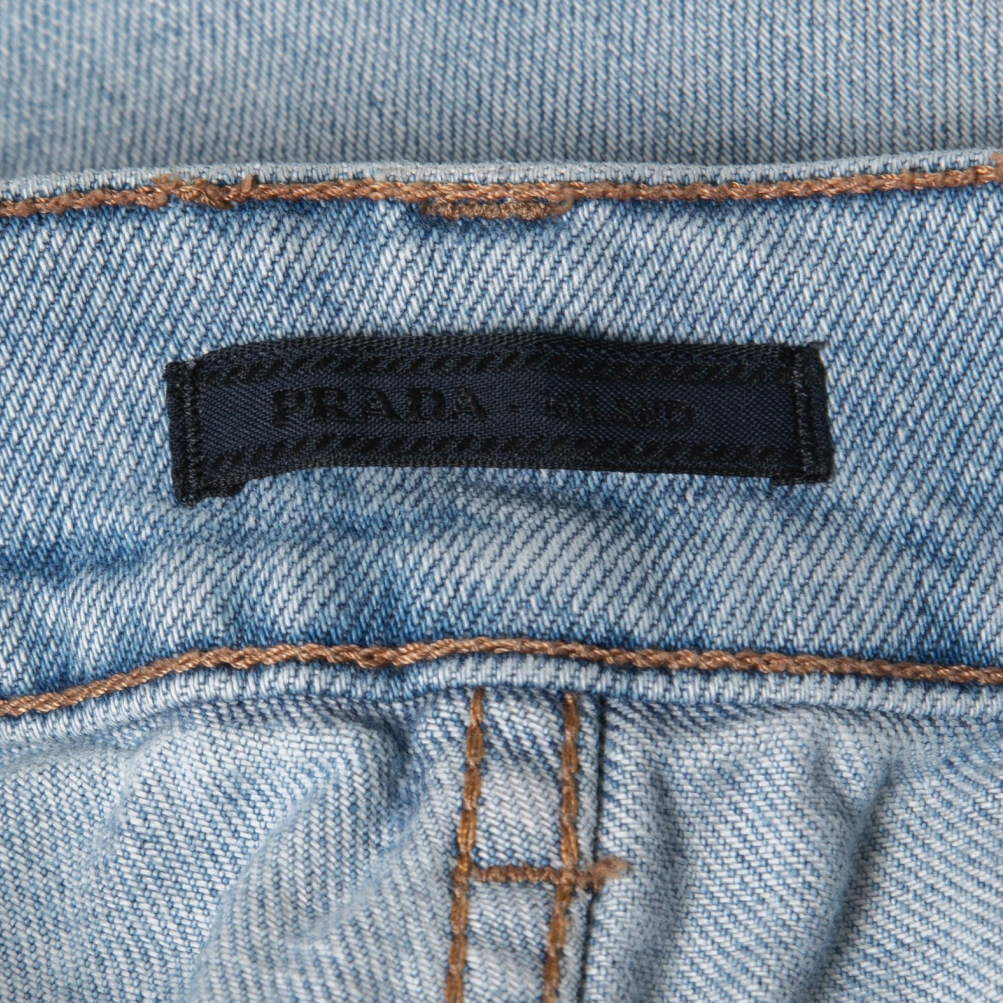 Prada Blue Washed & Ripped Denim Tight Fit Jeans M Waist 30