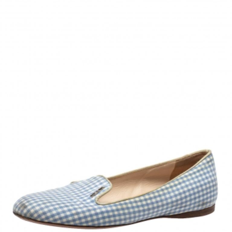 Prada Blue/White Canvas Smoking Loafers Size 37 In Fair Condition For Sale In Dubai, Al Qouz 2
