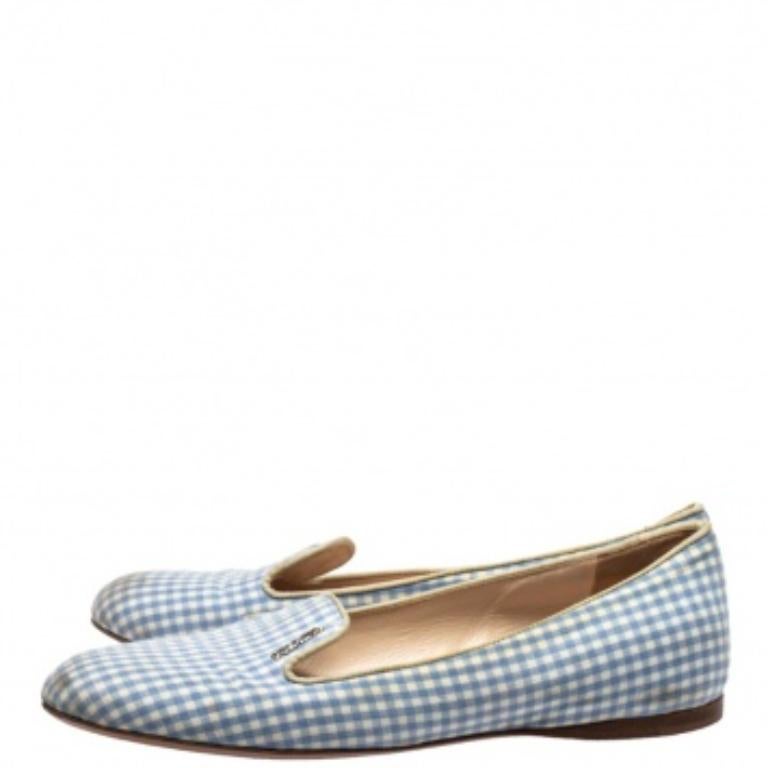 Prada Blue/White Canvas Smoking Loafers Size 37 For Sale 3