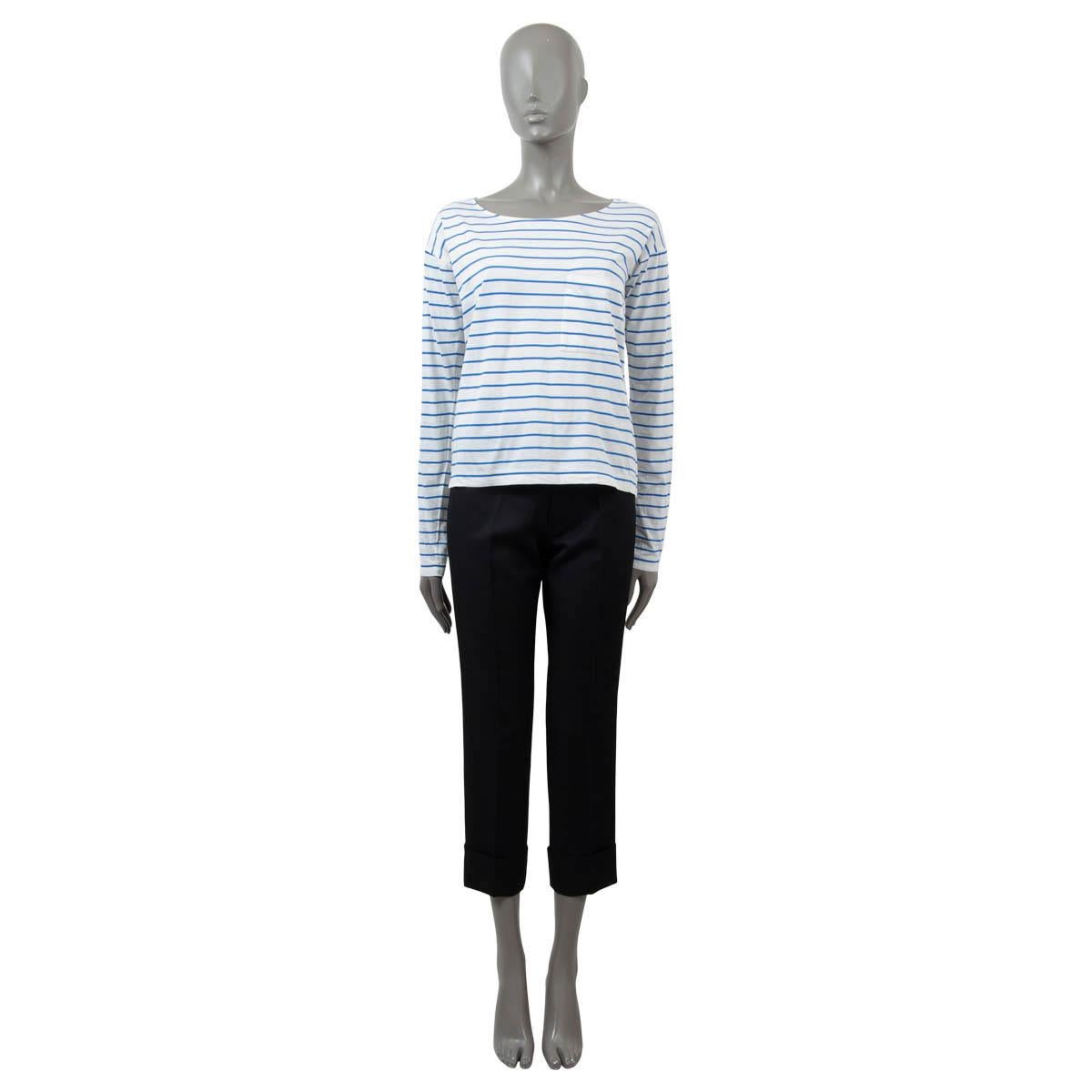 100% authentic Prada striped long sleeve shirt in cotton jersey (100%) blue and white. Features boat neck and one chest pocket. Has bee worn and is in excellent condition. 

Measurements
Tag Size	XS
Size	XS
Shoulder Width	54cm (21.1in)
Bust To	98cm