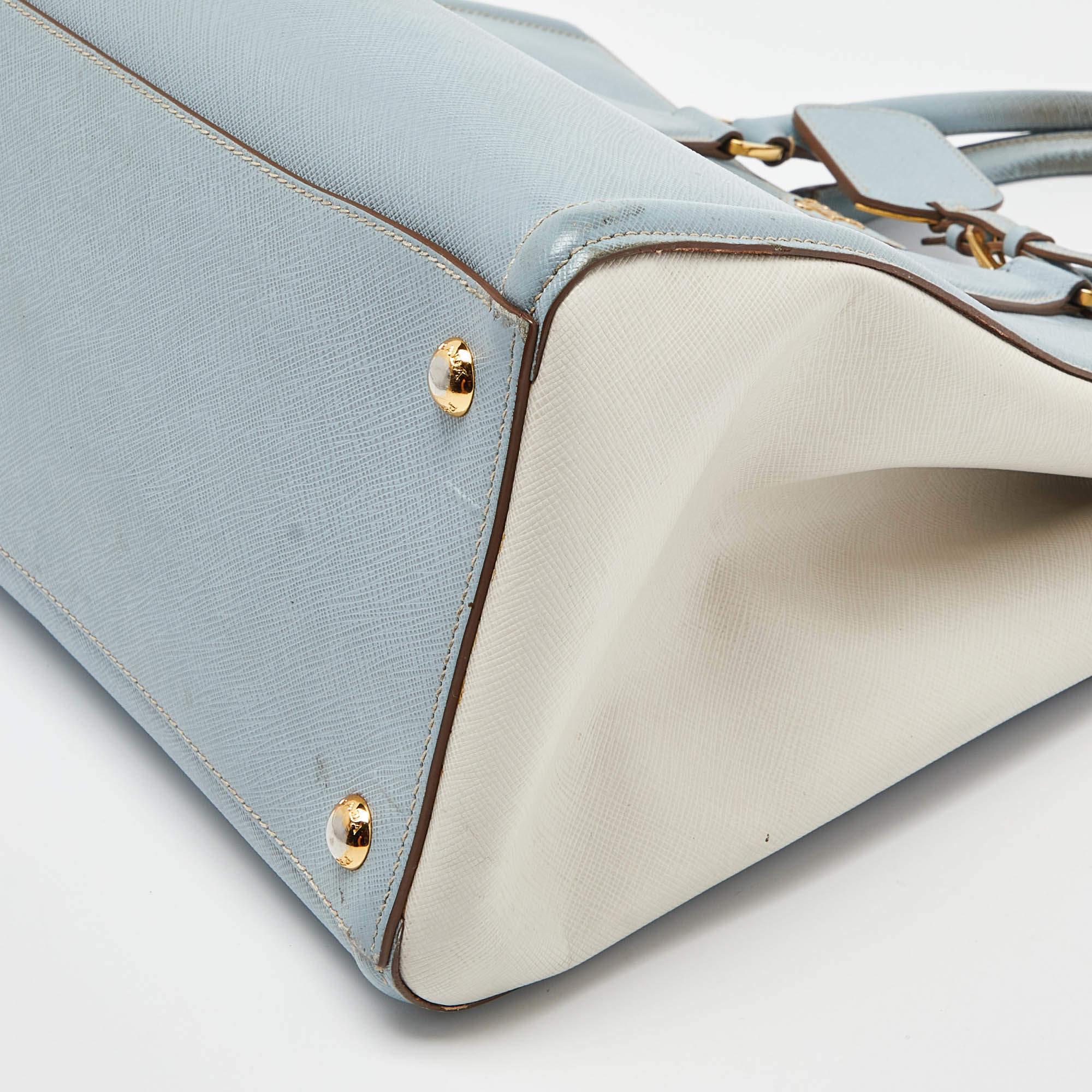 Prada Blue/White Saffiano Lux Leather Open Tote For Sale 5