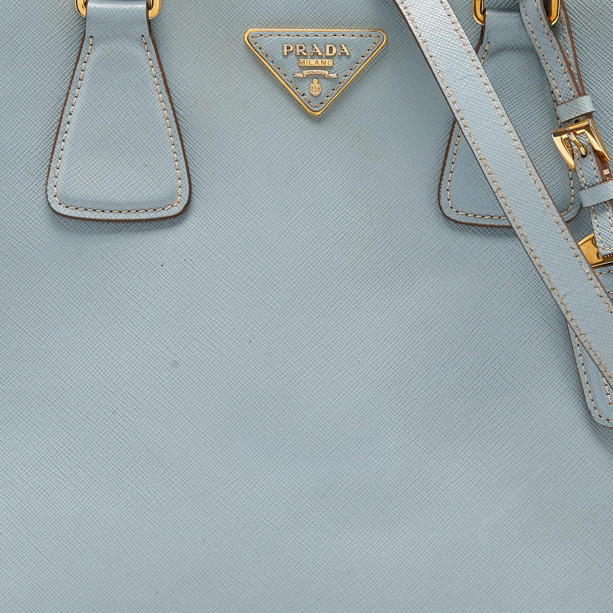 Prada Blue/White Saffiano Lux Leather Open Tote For Sale 6