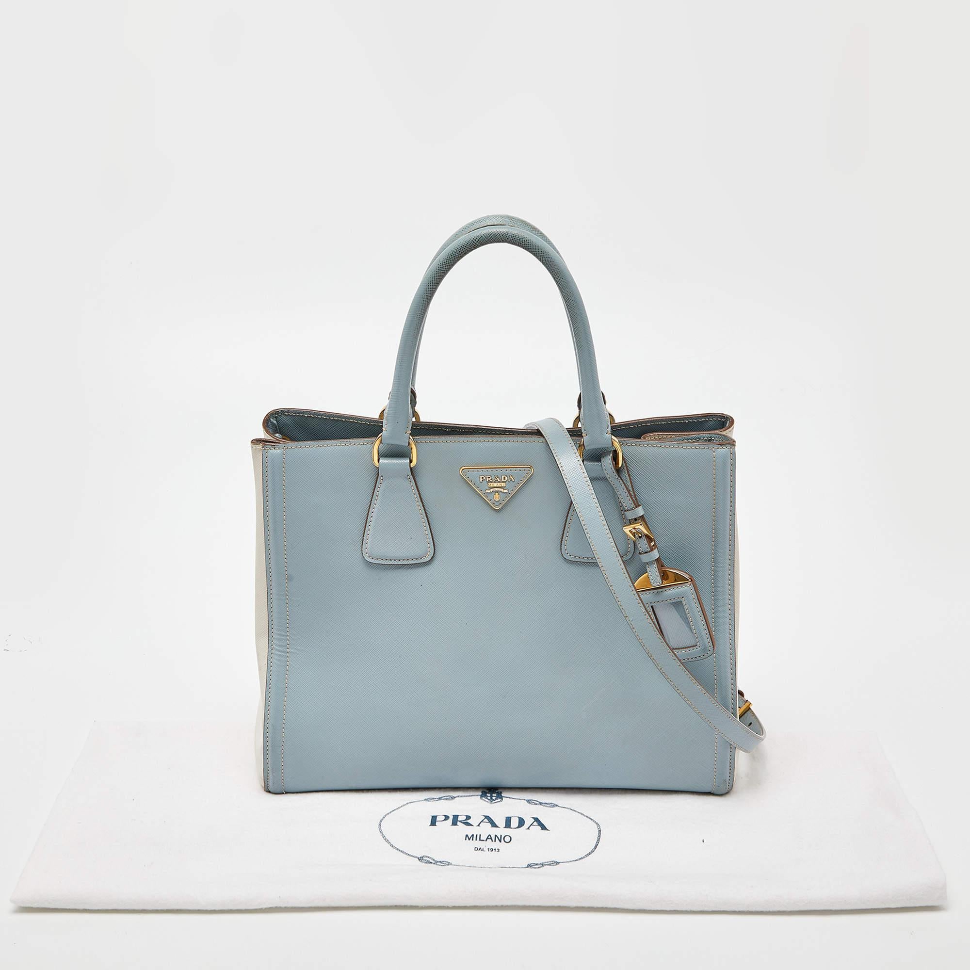 Prada Blue/White Saffiano Lux Leather Open Tote For Sale 7