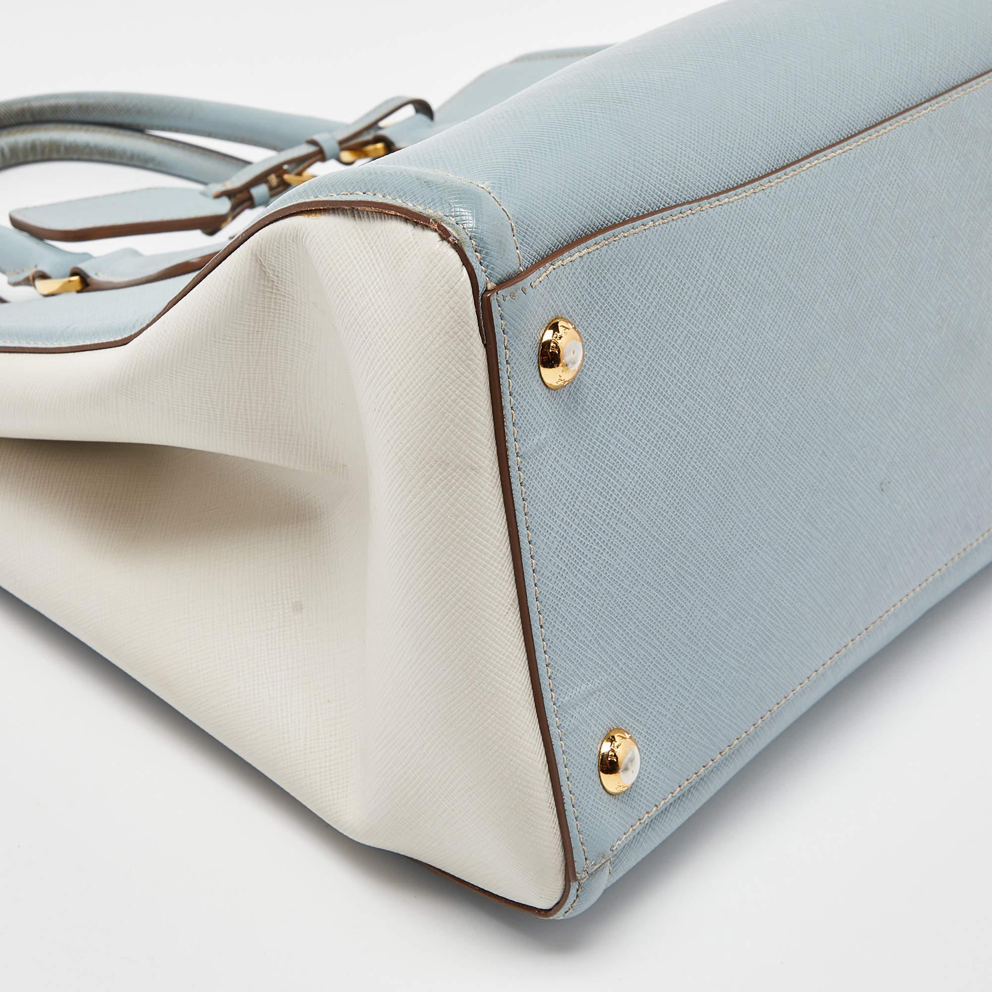 Prada Blue/White Saffiano Lux Leather Open Tote 4