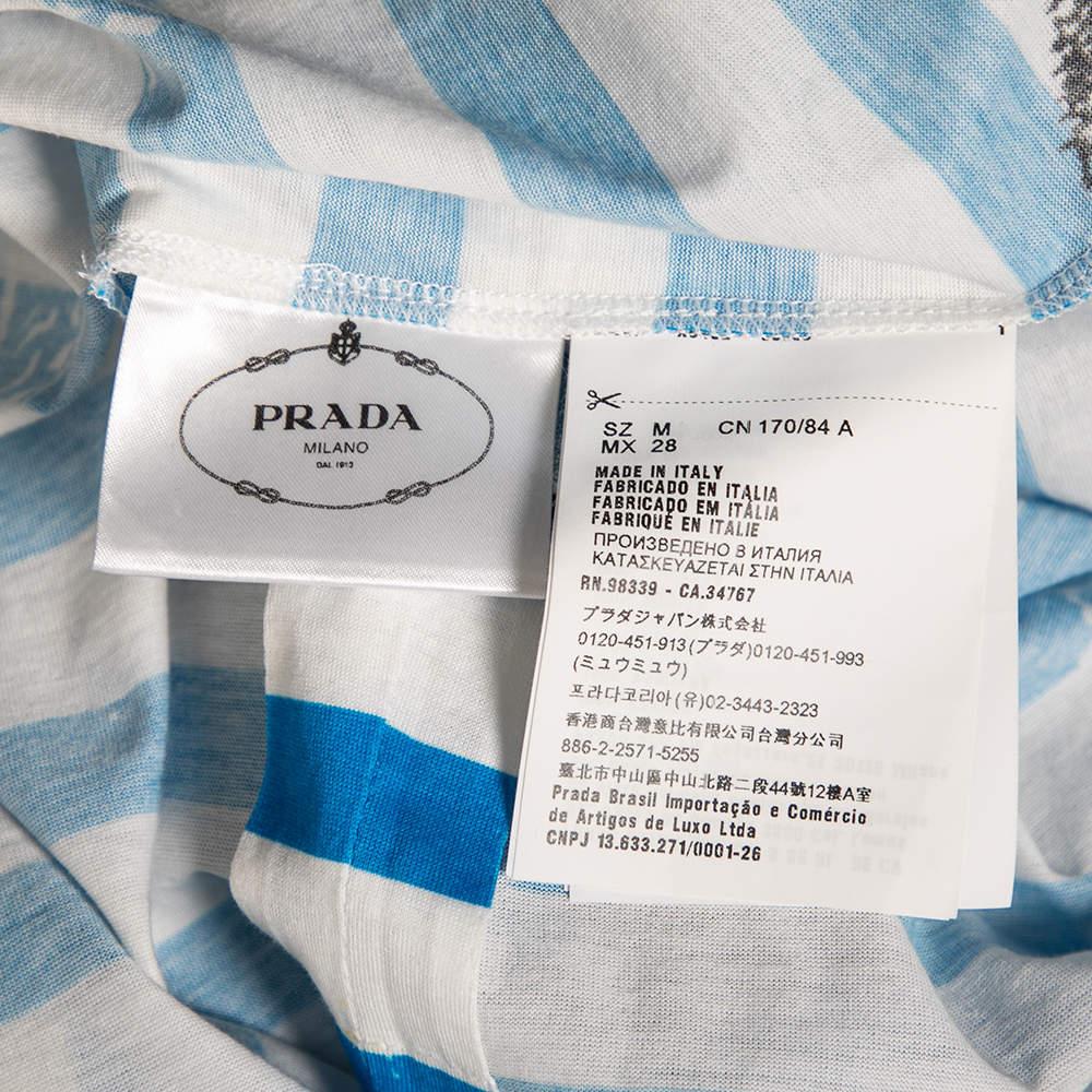 Robe Prada à manches courtes en coton imprimé à rayures bleues et blanches, taille M en vente 5