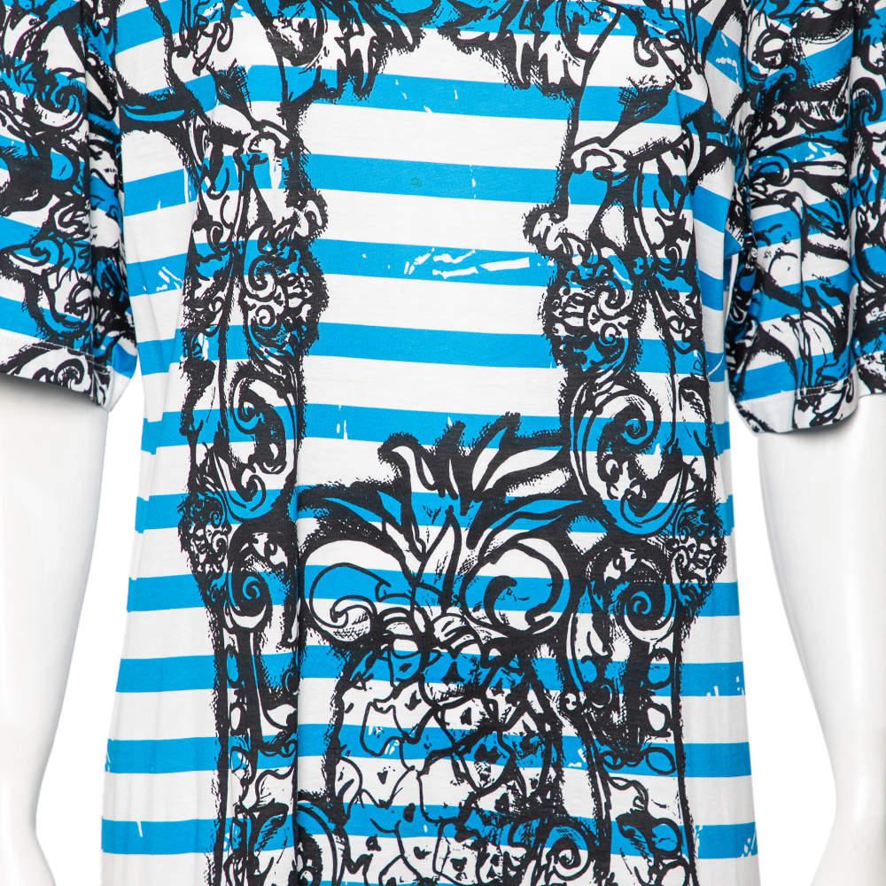 Prada Blue & White Striped Cotton Printed Short Sleeve Dress M For Sale 7